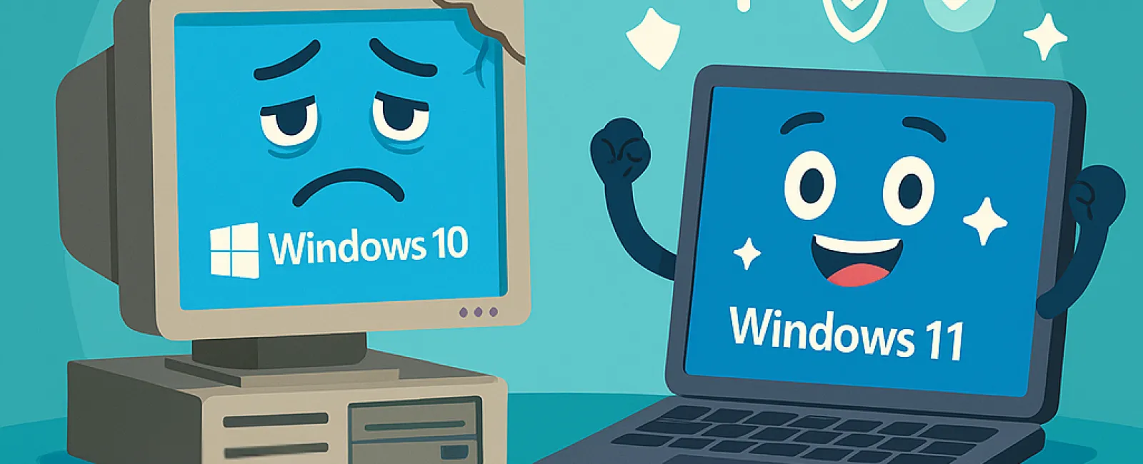 Cartoon of a sad old Windows 10 desktop next to a happy modern Windows 11 laptop symbolizing software upgrade.