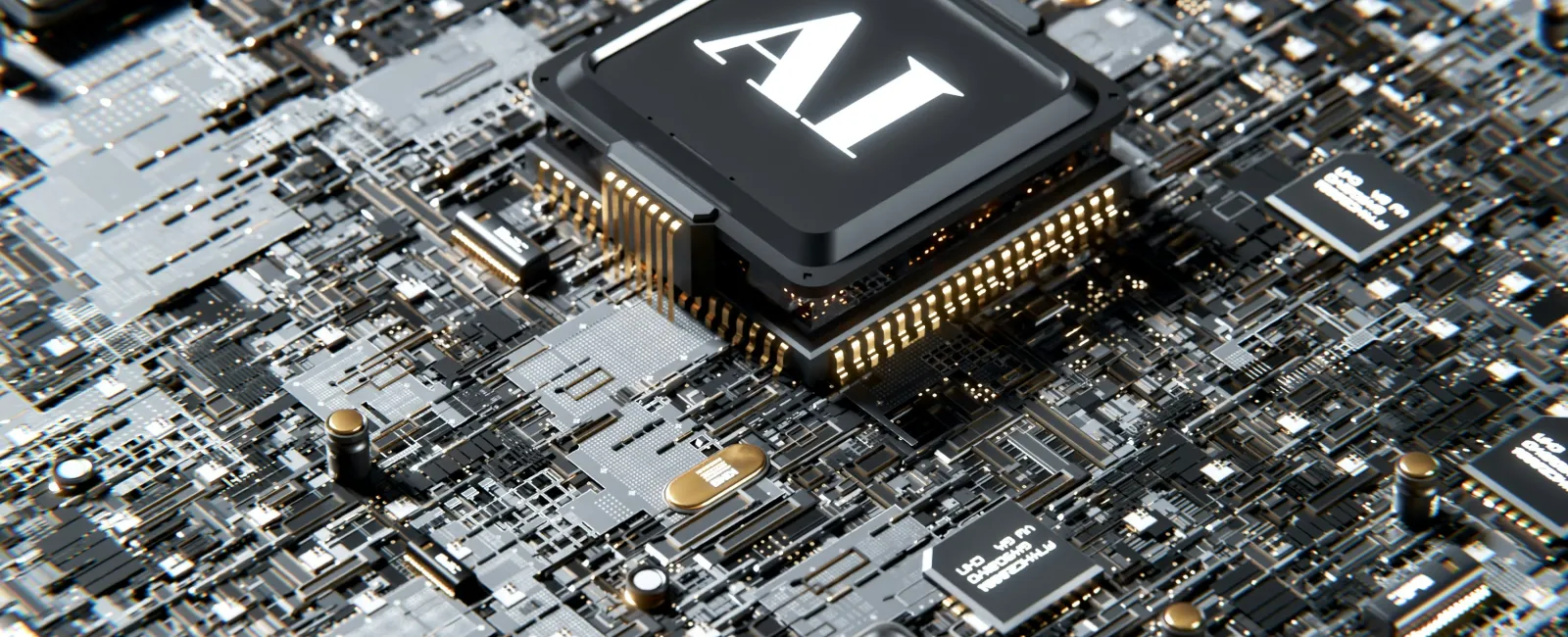 Close-up of a circuit board with a glowing chip labeled AI highlighting artificial intelligence technology.