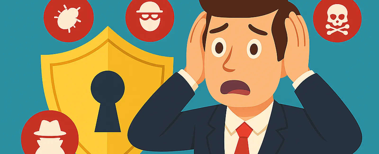 Stressed businessman covering ears surrounded by cybersecurity threat icons and myth label with shield lock background.