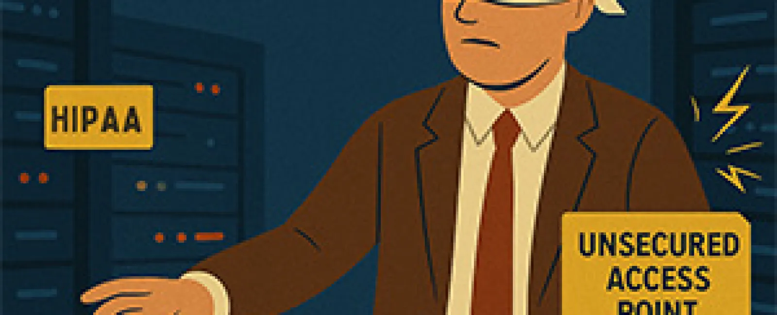 Illustration of a blindfolded man near servers with warnings about HIPAA violation risk and unsecured access points.