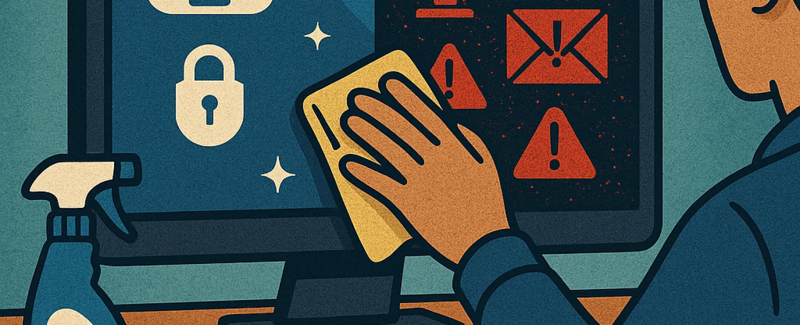 Person cleaning computer screen transitioning from virus warnings to secure cloud and lock icons symbolizing cybersecurity.