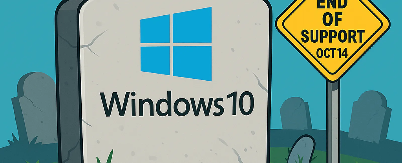 Gravestone with Windows 10 logo and R.I.P. text, next to sign indicating end of support on October 14.