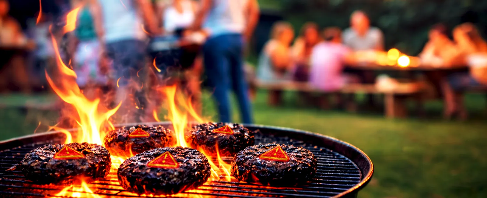 Grilled burgers cooking over an open flame on a barbecue with blurred people socializing in the background outdoors.