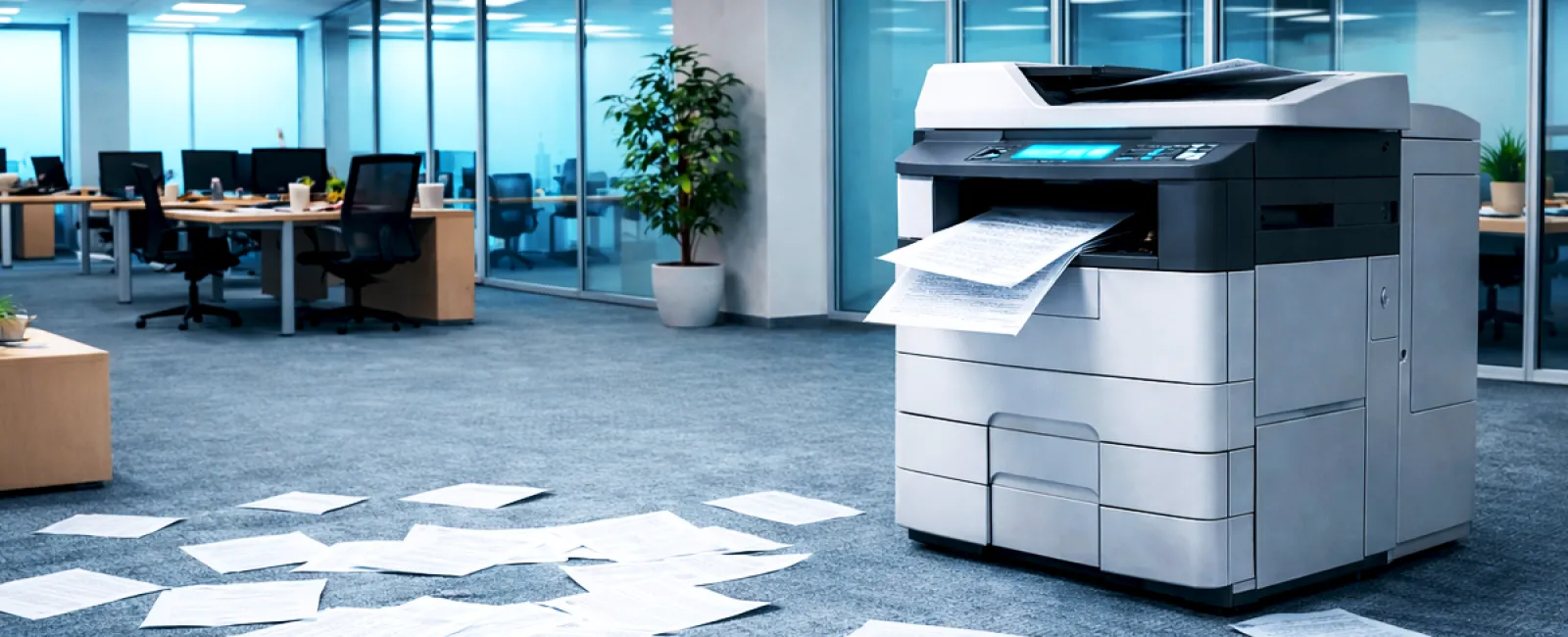 Office printer printing documents with scattered papers on carpet in modern workspace with desks and chairs.