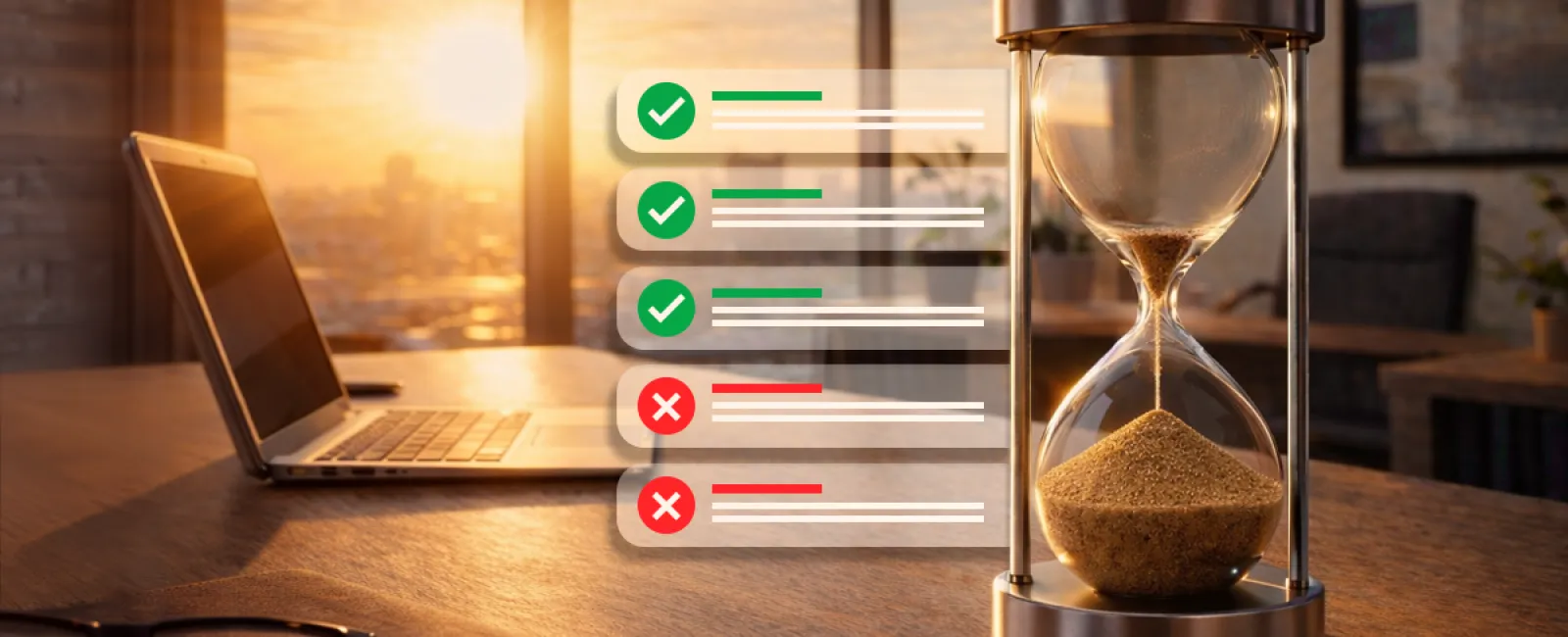 Hourglass with sand running inside next to a laptop on a desk with task completion icons in sunset light.