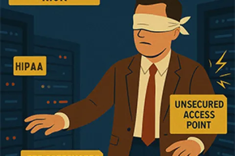 Blindfolded man in suit reaching for servers showing HIPAA violation risk and unsecured access point warnings.