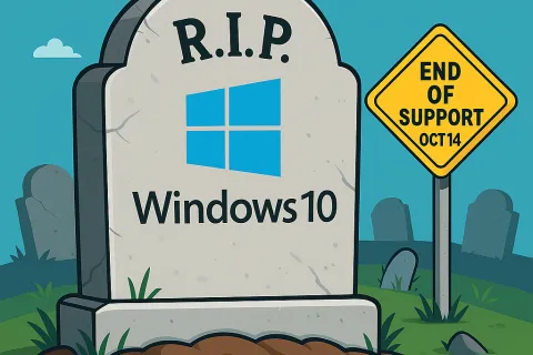 Gravestone with Windows 10 logo and R.I.P., next to a sign stating end of support Oct 14 in a cartoon graveyard.