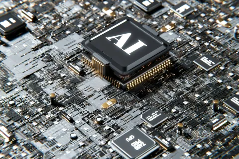 Close-up of a computer motherboard with a prominent AI chip and various electronic components in black and gold tones