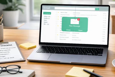 Laptop on wooden desk showing new email notification with onboarding checklist and coffee cup nearby.