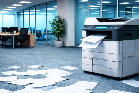 Office printer ejecting papers scattered on carpeted floor in a modern workspace with desks and chairs.