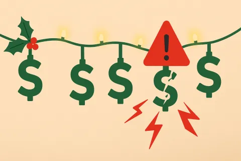 Christmas lights shaped as dollar signs with one broken and marked by a red warning symbol and lightning bolts.