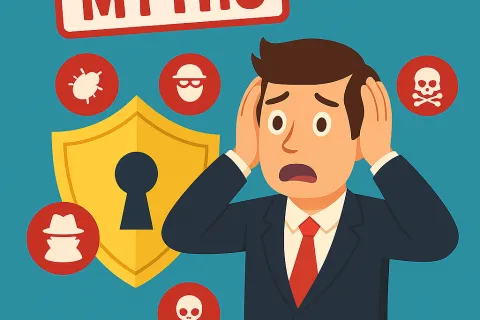Worried businessman holds head by yellow shield with keyhole and red myth icons like skull and spies