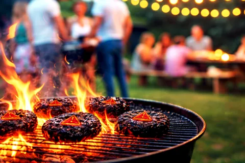 Flaming burgers cooking on a grill at an outdoor gathering with people and string lights in the background