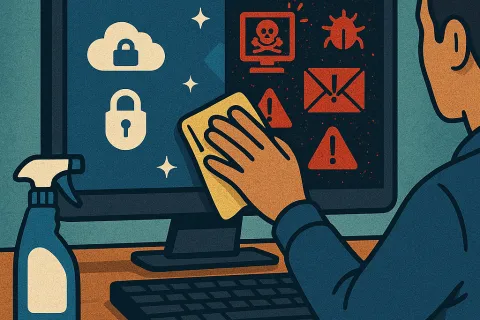 Person cleaning computer screen showing malware alerts switching to secure data icons illustrating cybersecurity cleanup.