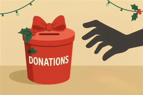 Red donation box decorated with holly and bow, hand reaching out, festive string lights in background.