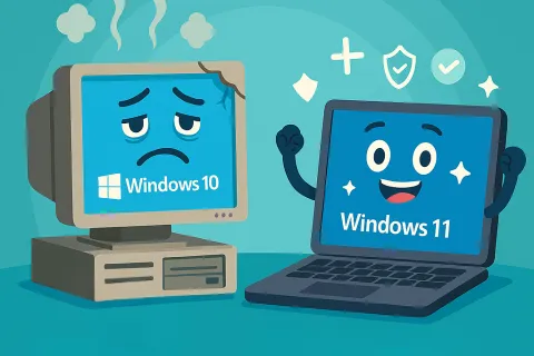 Illustration of sad old Windows 10 PC next to a happy modern Windows 11 laptop with security icons.