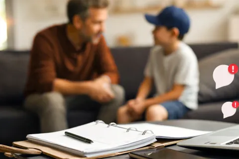 Father and son sit on a couch discussing, laptop and open notebook with pen in foreground on table.