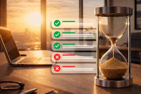 Hourglass and laptop on desk with checklist icons symbolizing time management and task completion at sunset.